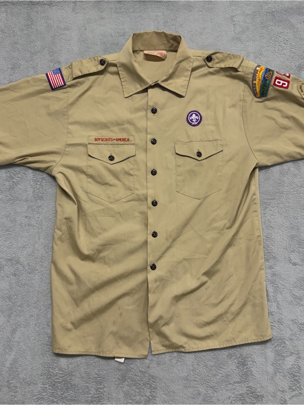 Vintage Boy Scouts Of America Youth 2XL Official Shirt Tan Khaki Patches
